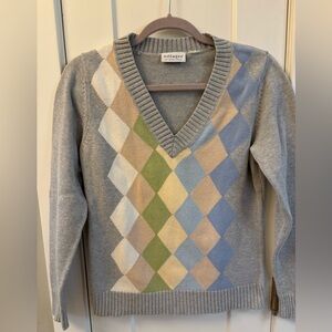 Vintage Argyle Sweater Grey and Pastels, Women Sz Small Excellent Condition